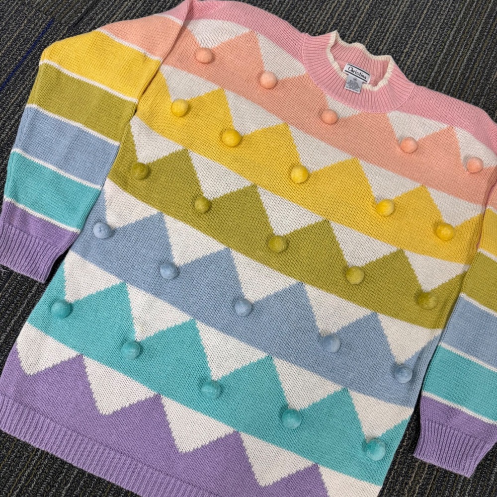 Christina Sweater Womens Medium Pastel Multicolor Vintage Pom Pom Chevron Knit